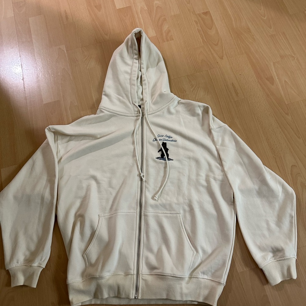 Over size Cream Zip-Up Hoodie with Embroidered Logo